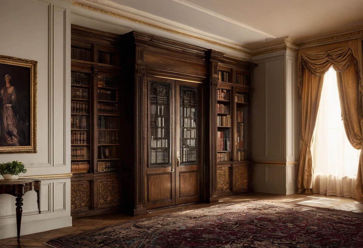 Classic walnut library wall in which one bookcase bay is a concealed pivot door, visually indistinguishable from its neighbors