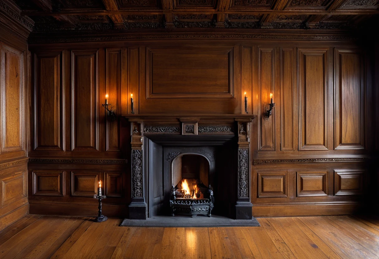 Tudor style oak paneled room with a jib door seam barely visible in the linenfold paneling beside a stone fireplace