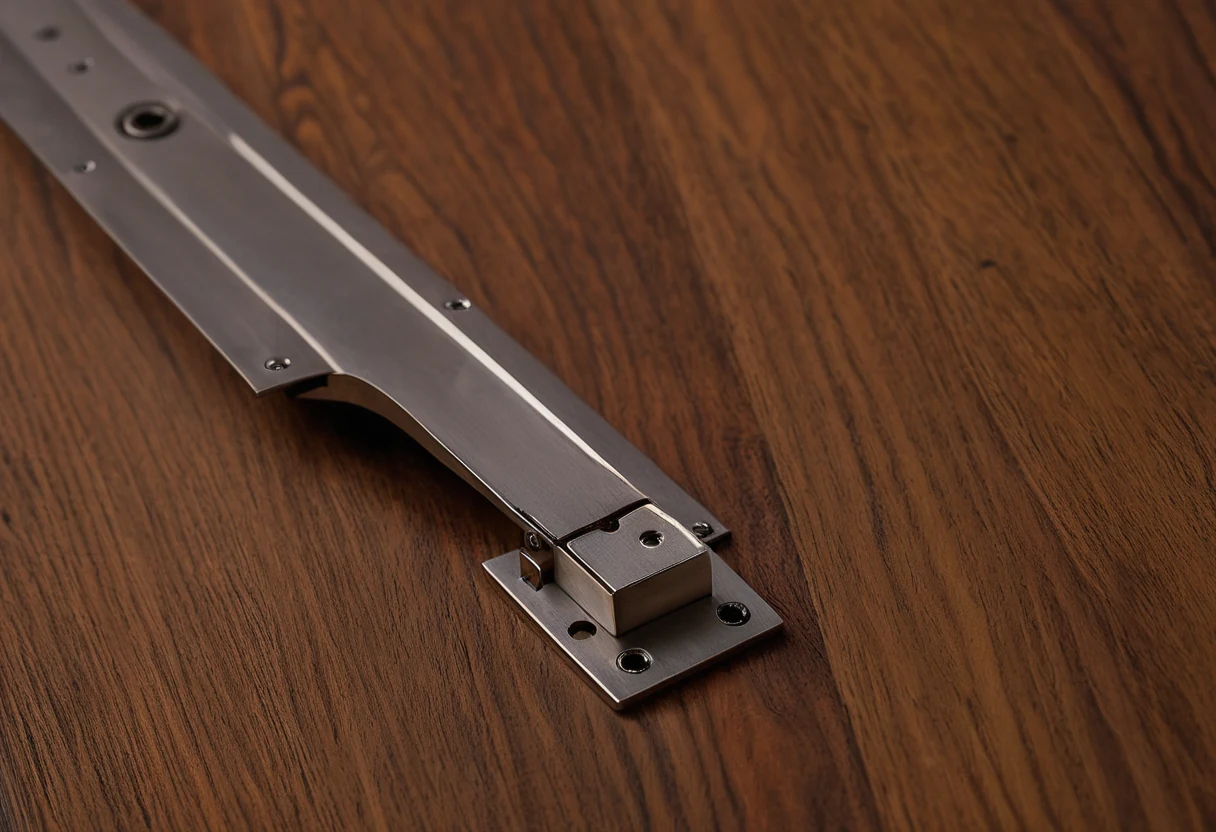 Macro photograph of a polished stainless steel pivot hinge recessed into the edge of a walnut concealed door leaf