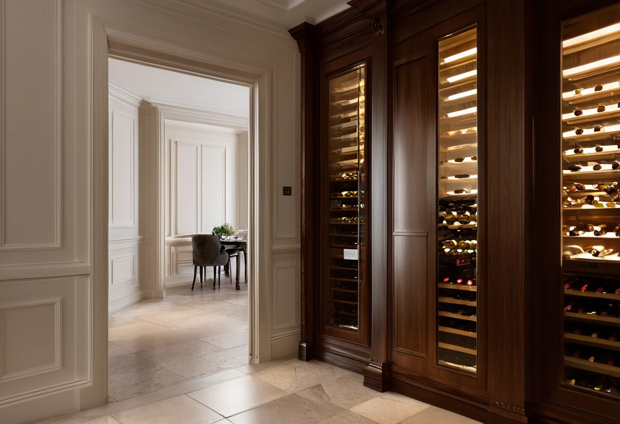 Concealed paneled door standing open to reveal a softly lit walnut wine cellar with full racks