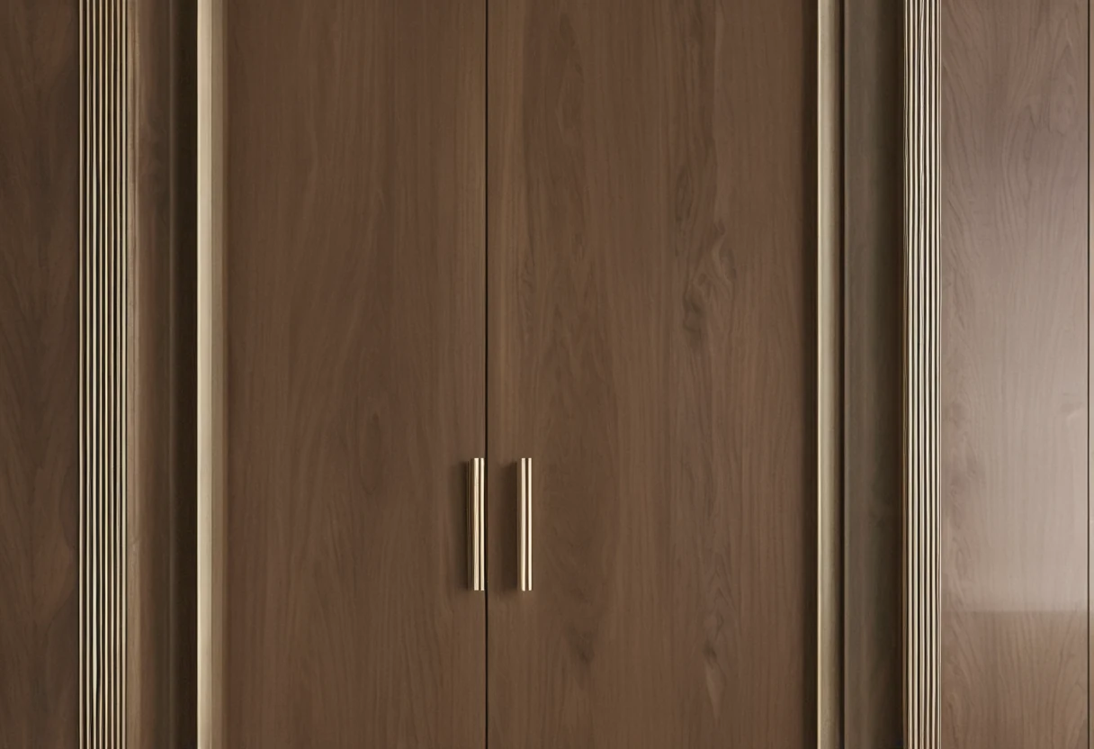 Flush walnut boiserie wall where a concealed door seam is barely visible as a thin uniform shadow line